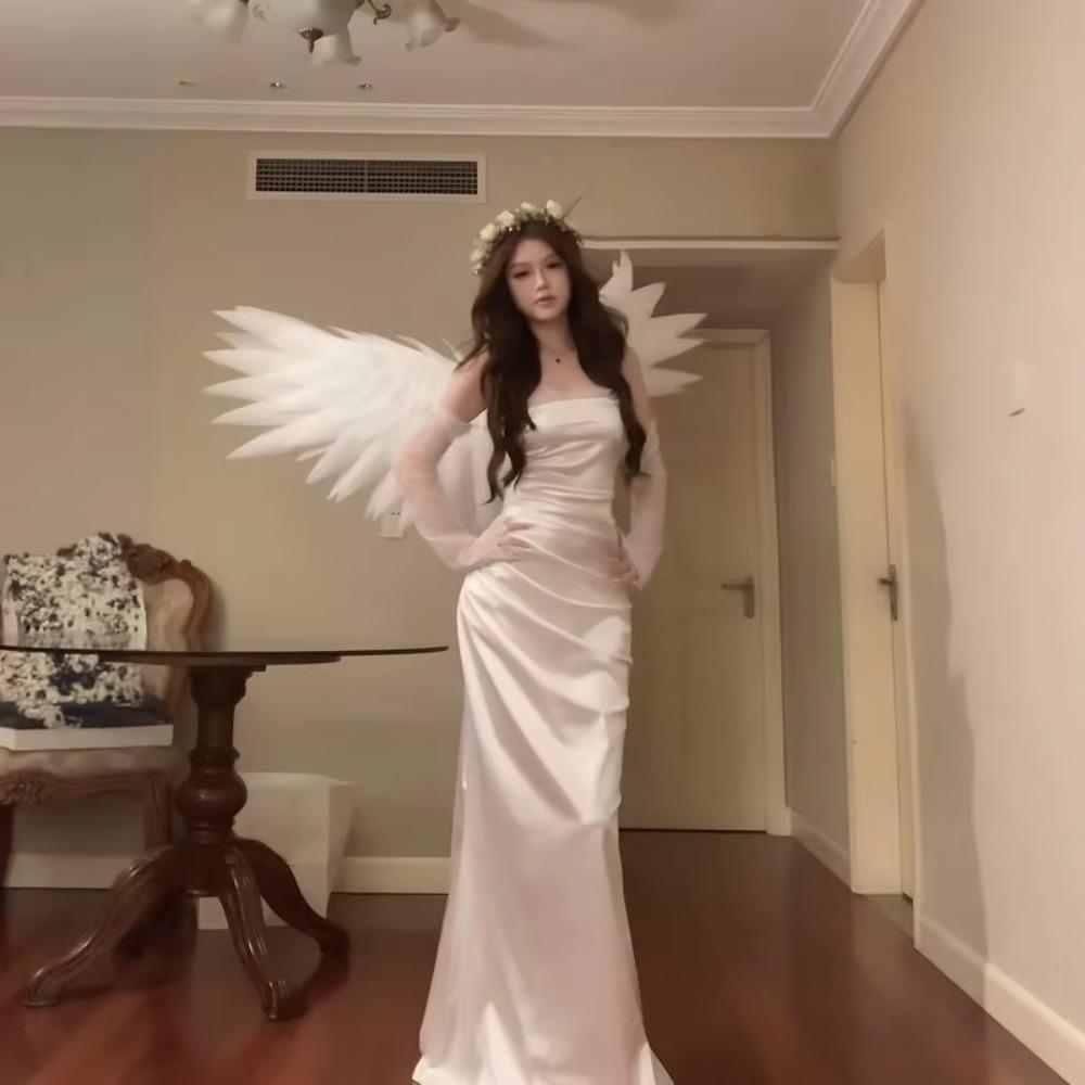 White Angel Wing Electric Opening Device Pearl Cotton Wings Electric Openable Wings  Valentine Day