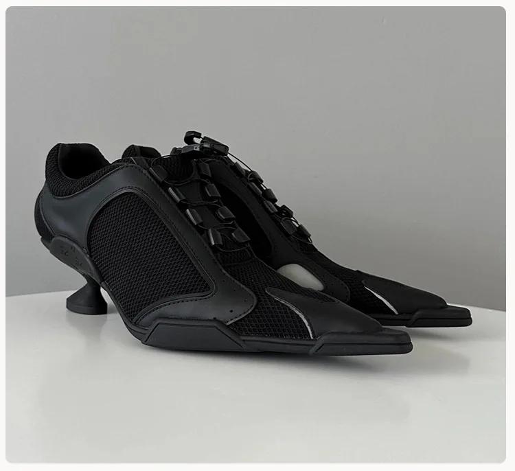 Fashion 2025 Spring Black Pointed-toe Sporty High Sneaker Heels Women's Mesh Boxing Casual Shoes Brand Design Fashion Sexy Shoes