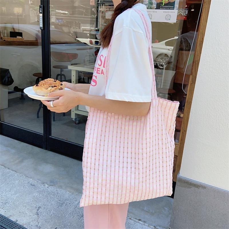 Summer new fairy bag yellow bubble plaid shoulder bag Japanese small fresh student cloth bag thin