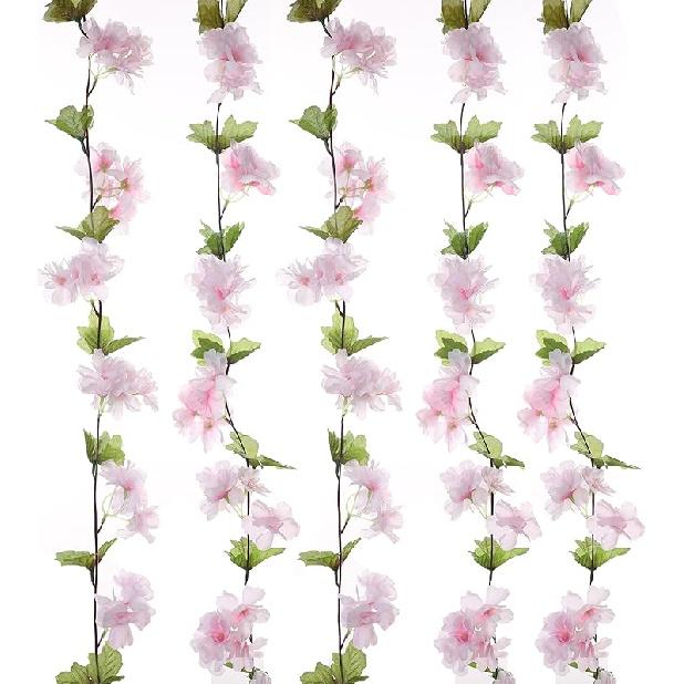 2Pcs Artificial Cherry Blossom Flower Garland Silk Fake Hanging Flower Vines for Home Wedding Decoration 7.2FT, White
