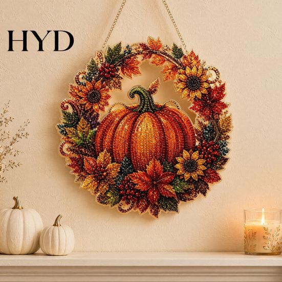 Party Decoration Accessory Fall Pumpkin Sunflower Wreath Hanging Decor, Acrylic Hand Painted High-Quality Material Window Ornament,