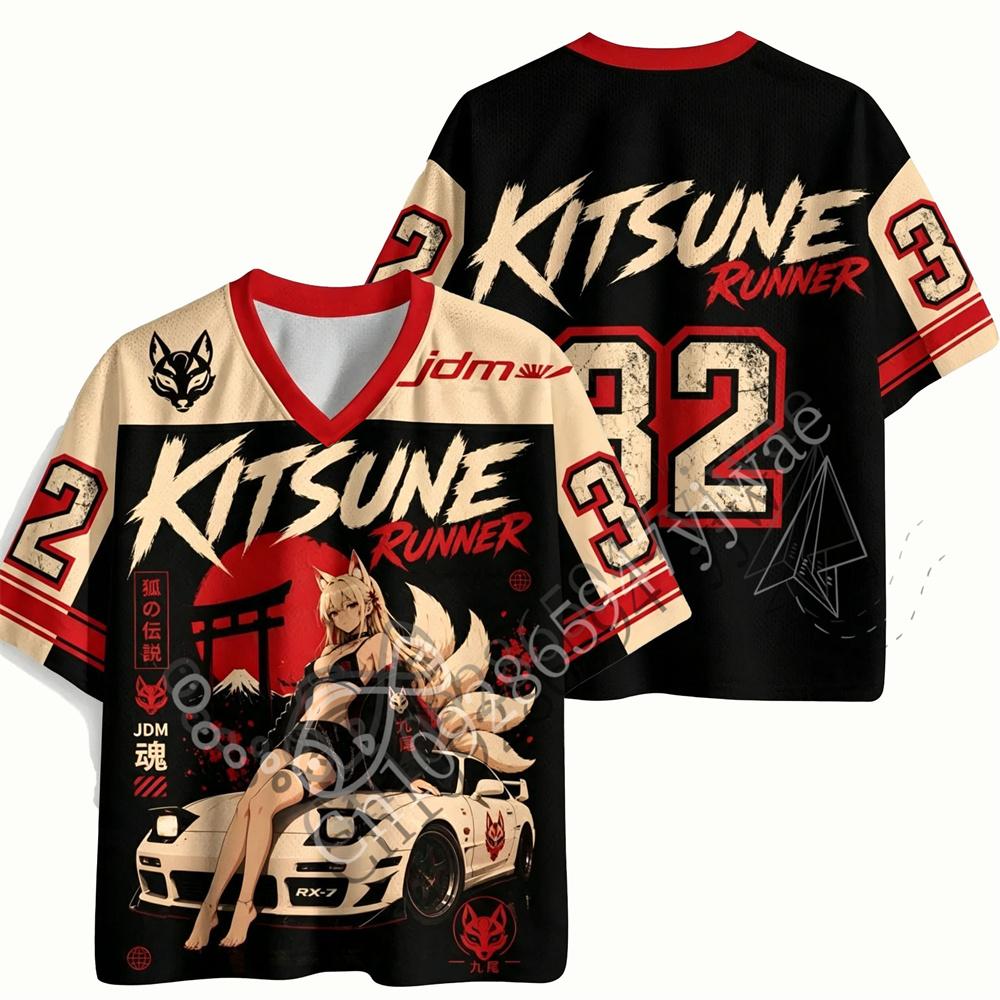 Kitsune Runner Motorcycle Style Jersey Japanese Culture Shirt Fashion Y2K Top Retro Punk T-shirt Summer Men Women Beach T-shirt
