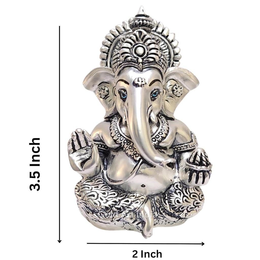 Matte Silver Plated Antique Mukut Ganesha - 3.5" - Perfect for Gifting, Home Decor, Car Dashboard Murti Ganpati Idol for Home Decor