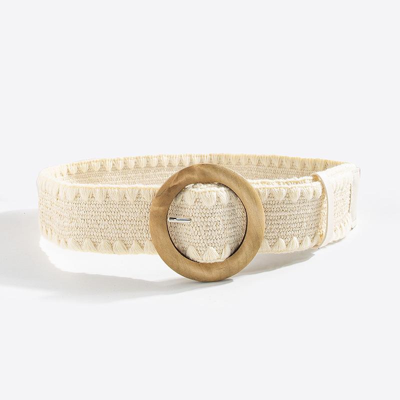 Bohemian Belt, Women's Straw-woven Woolen Decorated Round Wood Buckle Elastic Belt, Natural Vacation Style Belt