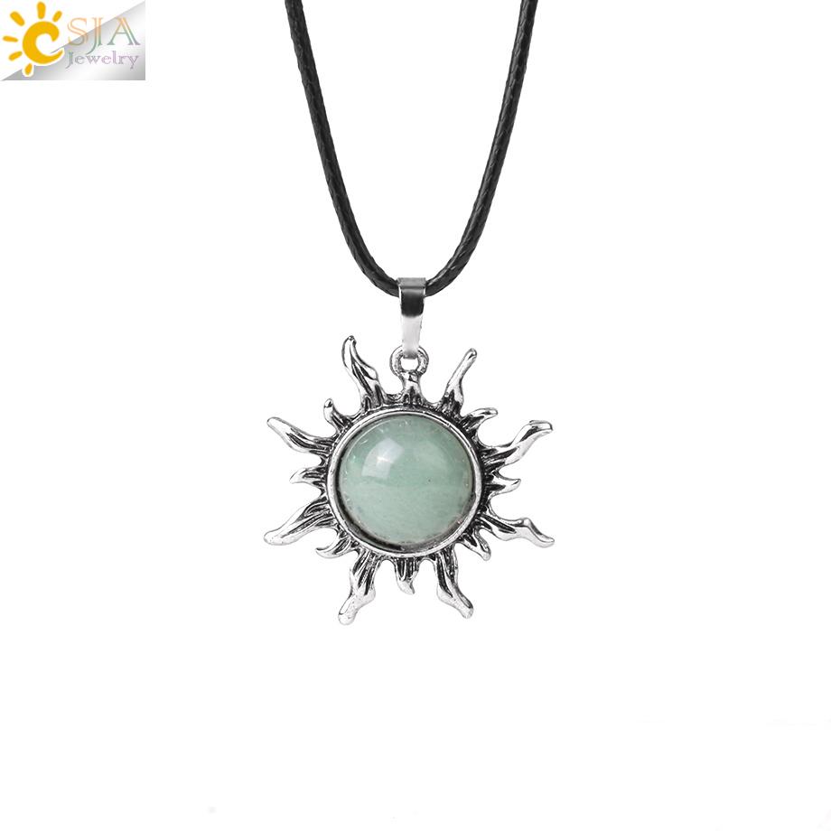 CSJA Vintage Sun Flower Pendant Natural Stone Crystal Necklace Genuine Round Amethysts Pink Quartz Obsidian Lapis Lazuli H120