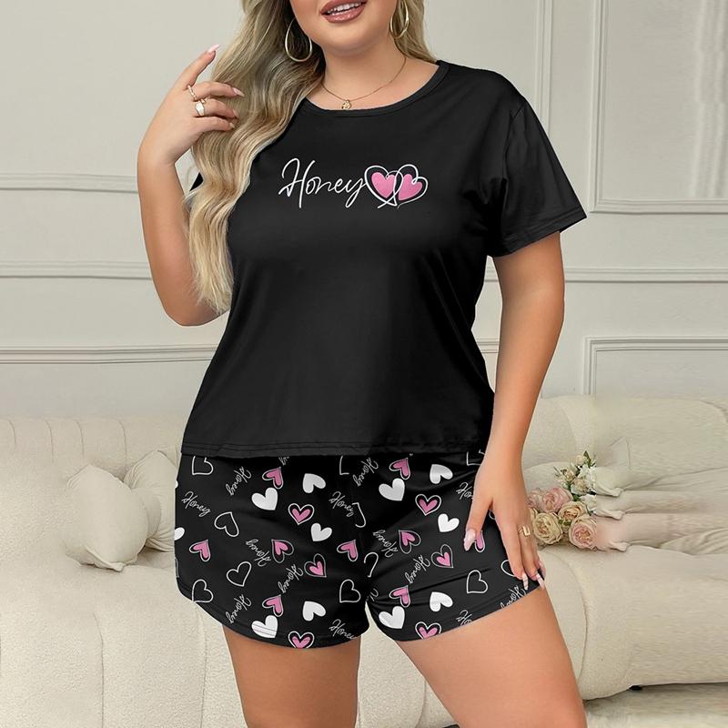 

Женский пижамный комплект с принтом сердечек, свободная повседневная футболка и шорты, удобная домашняя одежда 4XL