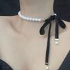 Retro Temperament Elegant Pearl Bow Ribbon Headband Neck Chain Dual-purpose Niche High-end Sense Going Out Versatile Hair Accessories