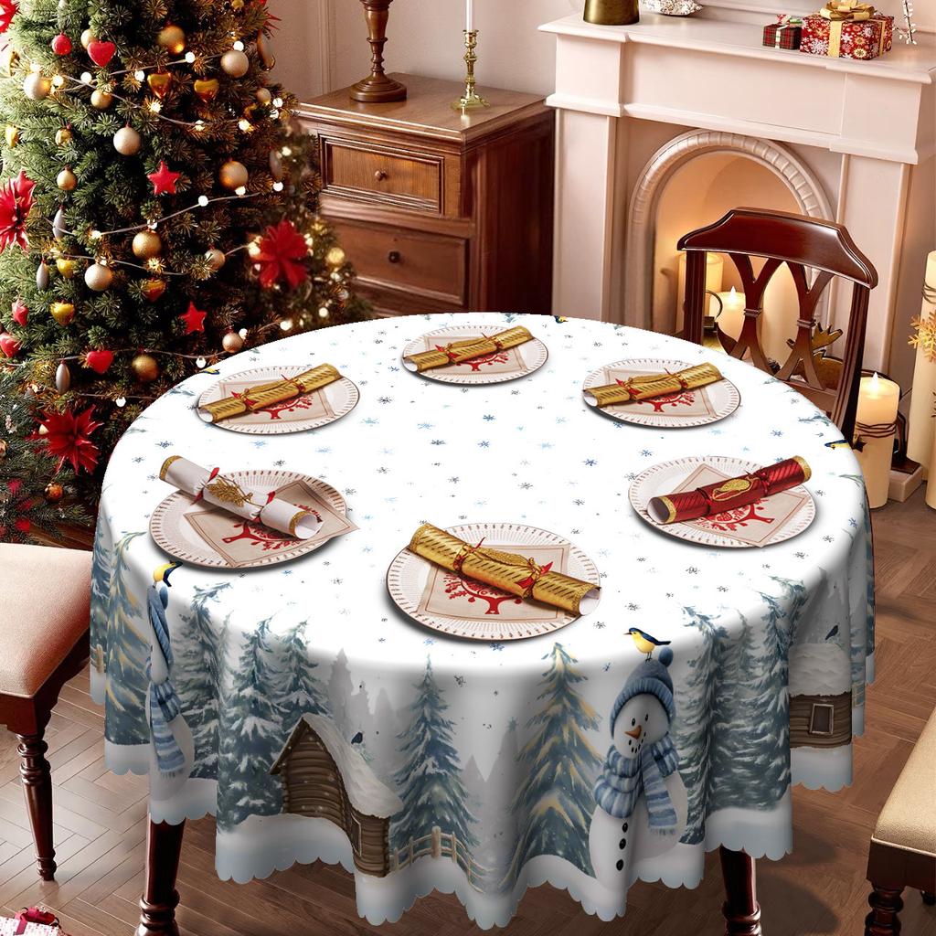 Winter Snowman Theme Round Tablecloth Waterproof Dining Table Cloth, Snow Forest Pattern, Coffee Table Cover, Dinner Decoration