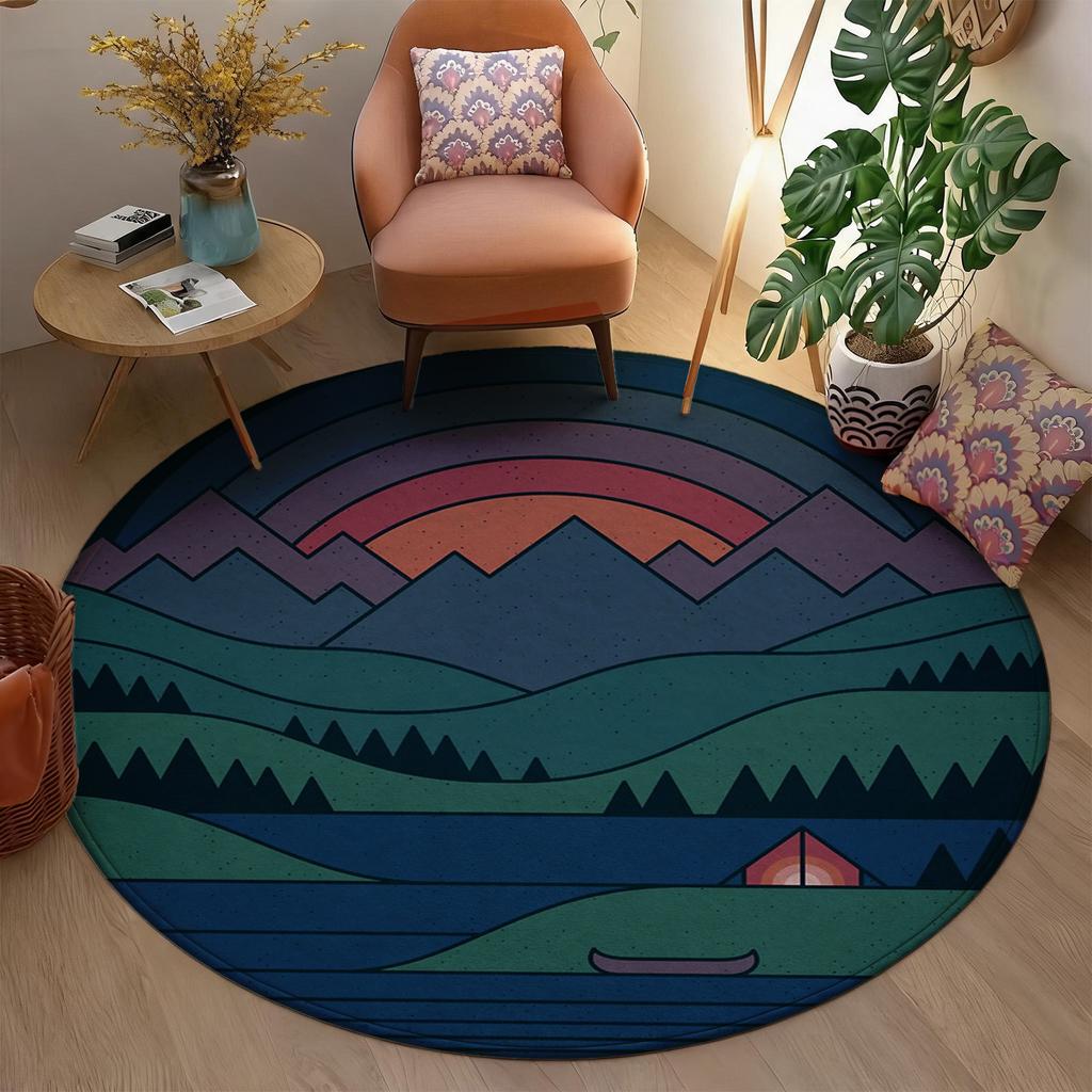 Bohemian Round Area Rug for Living Room Decor Modern Nature Landscape Boho Mountain Sunset Geometric Floor Mat Cushion Rug