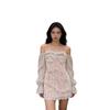 Elegant Lace-Trim Lantern Sleeve One-Shoulder Dress - Slim Fit, Hip-Hugging Short Skirt