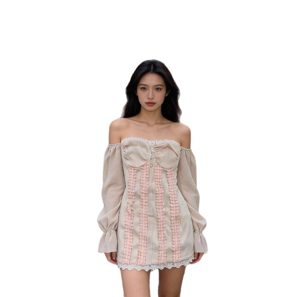 Elegant Lace-Trim Lantern Sleeve One-Shoulder Dress - Slim Fit, Hip-Hugging Short Skirt