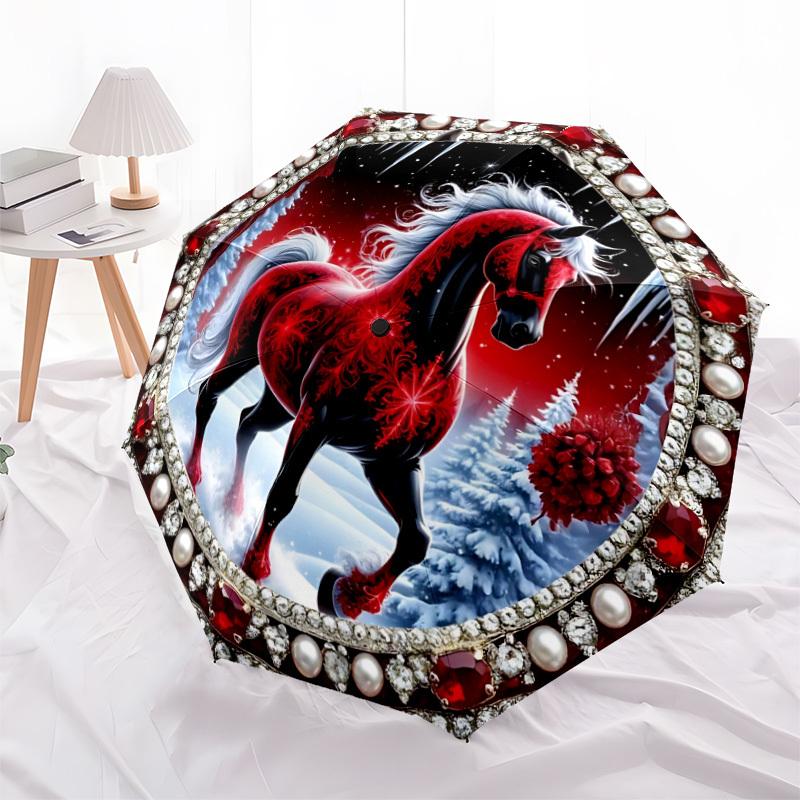 1 Stück Winterpferd Faltbarer Regenschirm zum Öffnen/Schließen, Alle tragbaren Regenschirme für & Männer, Stilvolles Accessoire (Weihnachtsgeschenk) 8-Rippen yy251213156