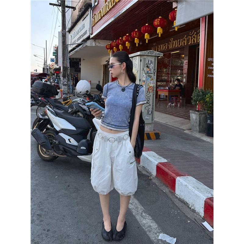 Винтажная выцветшая футболка с коротким рукавом и рюшами, укороченный стиль One Size синий