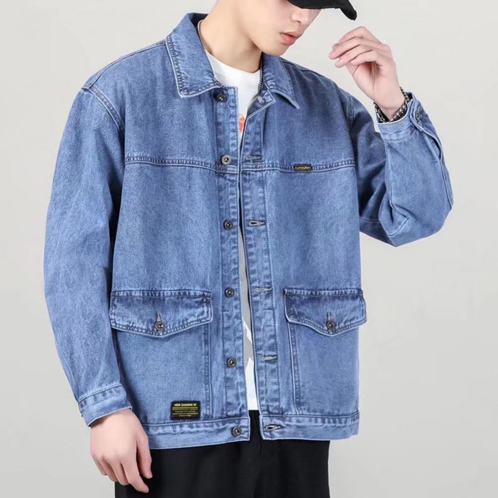 Versatile Denim Jacket Stylish Men's Denim Jacket with Lapel Collar Long Sleeves Large Pockets Fashionable Spring Autumn for Men
