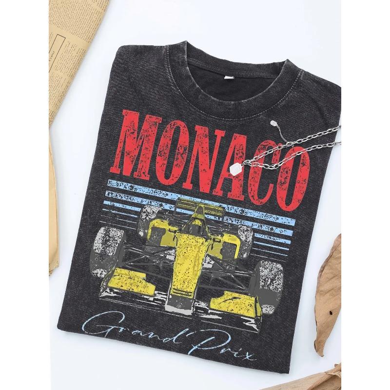

European sizes Men s Casual Retro Washed Black T-Shirt Short Sleeve with Monaco Racing Car Design Breathable Sweat-Absorbing Comfortable Top S чёрный
