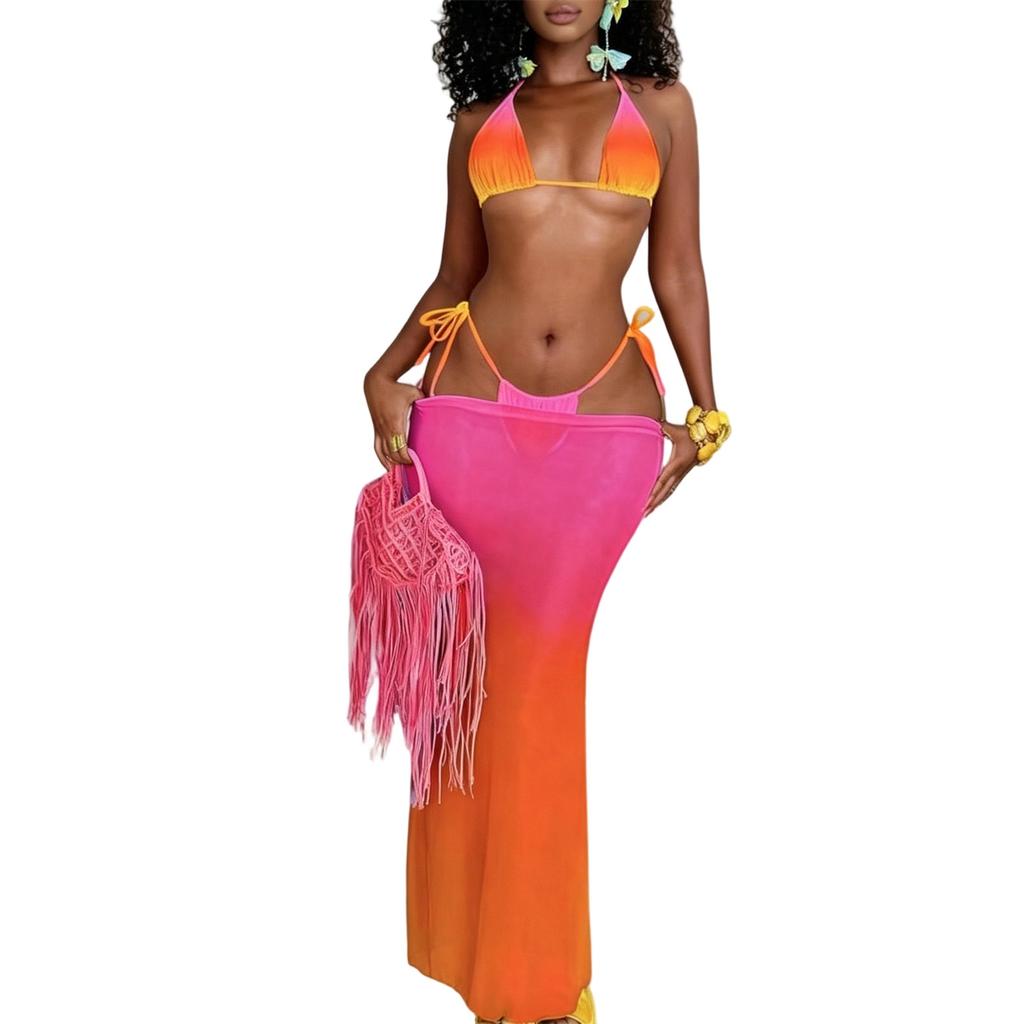 Women’s Fashion Three Piece Bikini Set with Top Adjustable Tie Bottoms and Matching Cover Up Skirt for Beachwear