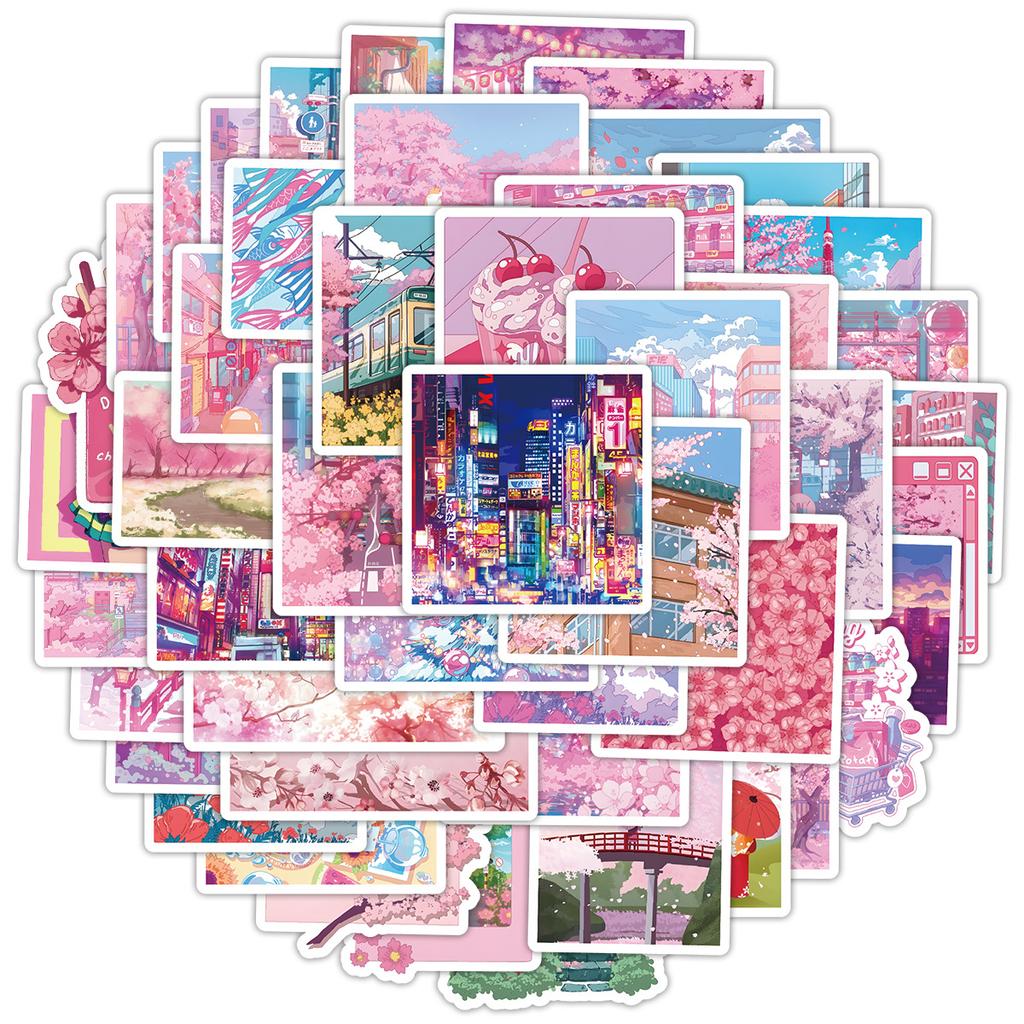 50pcs Cherry Blossom Series Doodle Stickers for Mobile Phones and Computers, Waterproof Decorative Stickers, Creative DIY Stationery Stickers