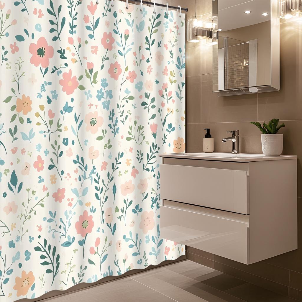 Rural Pastoral Small Flower Plant Shower Curtain, 12 Hooks, Fresh Design Bathroom Decor