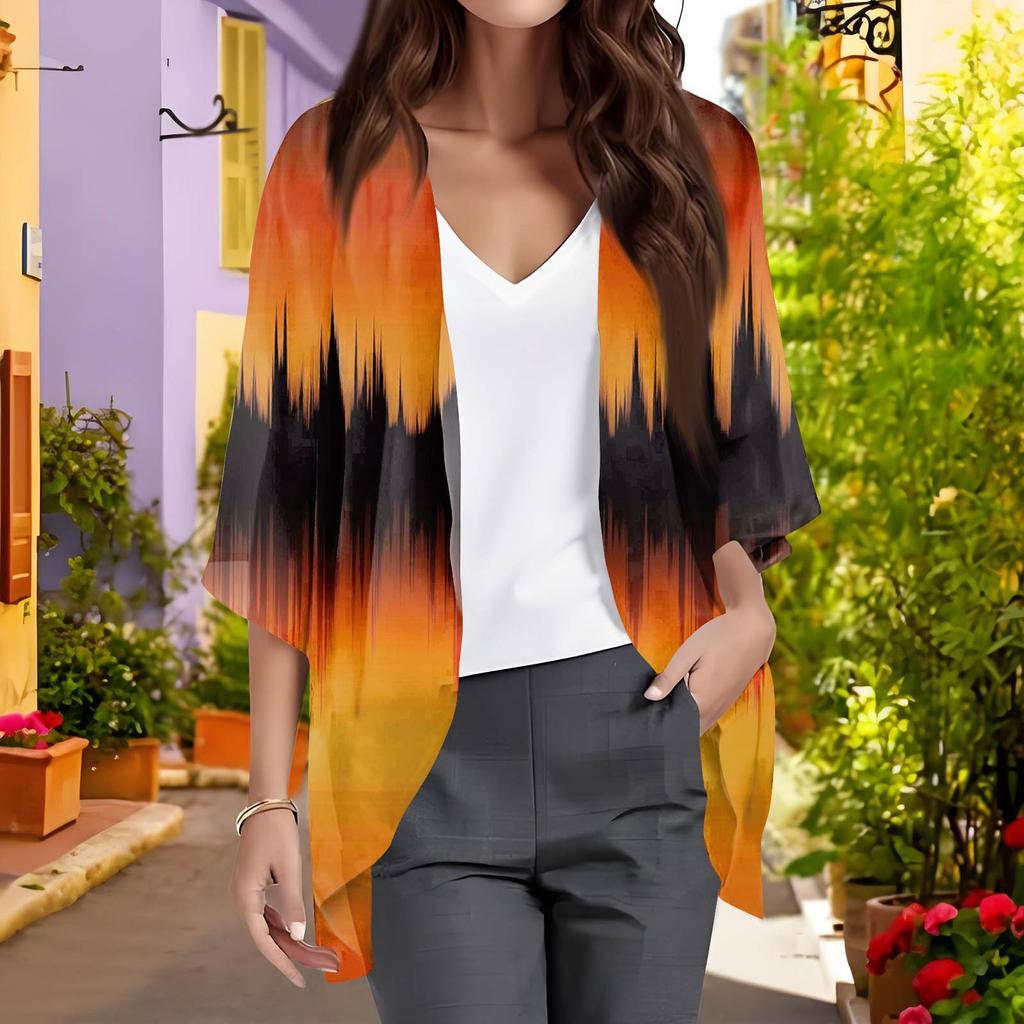 Ladies Fashion Loose Casual Print Beach Holiday   Sleeve Chiffon Cardigan