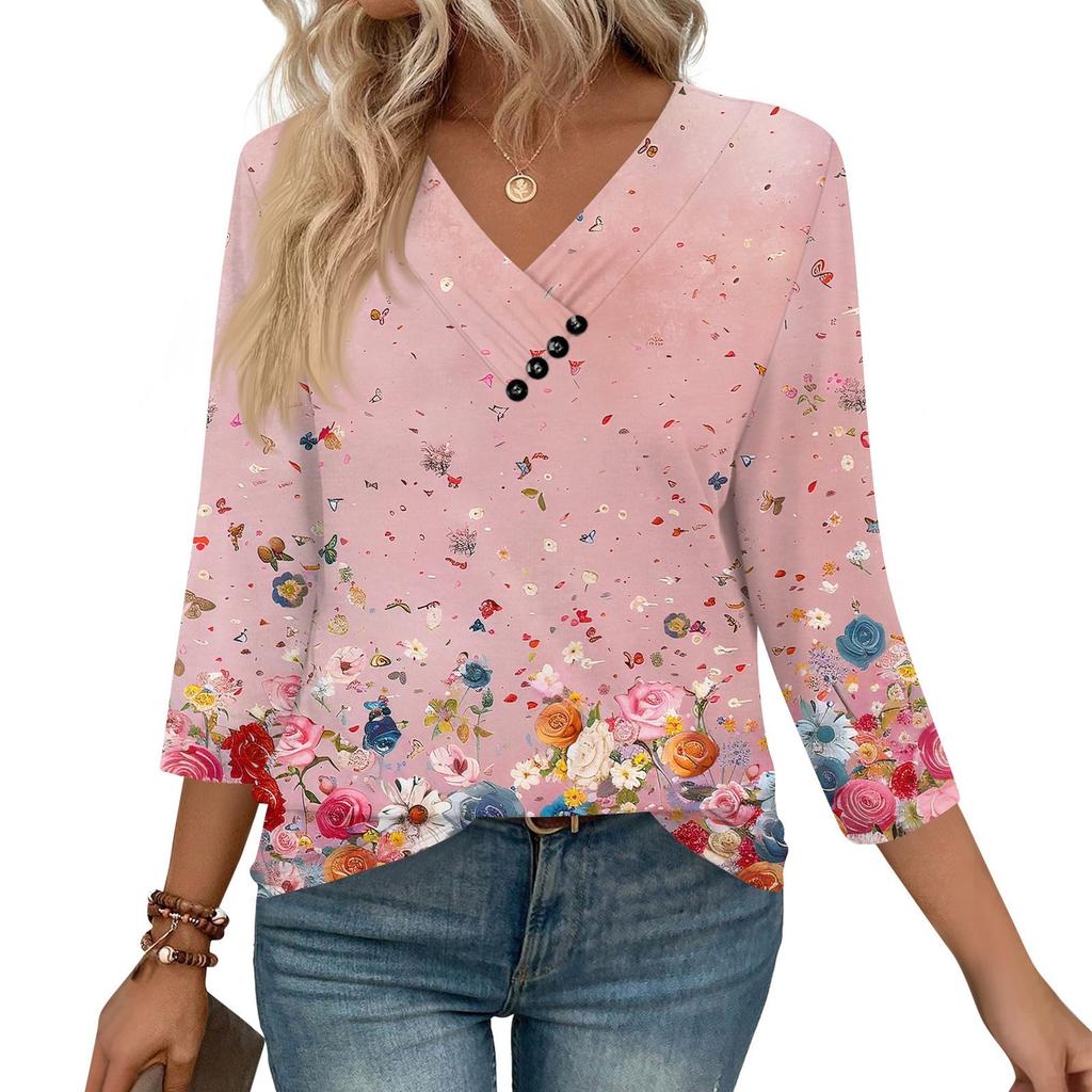 Women's Print Top Button-down V-neck T-shirt 3/4 Sleeve Loose Fashion Top