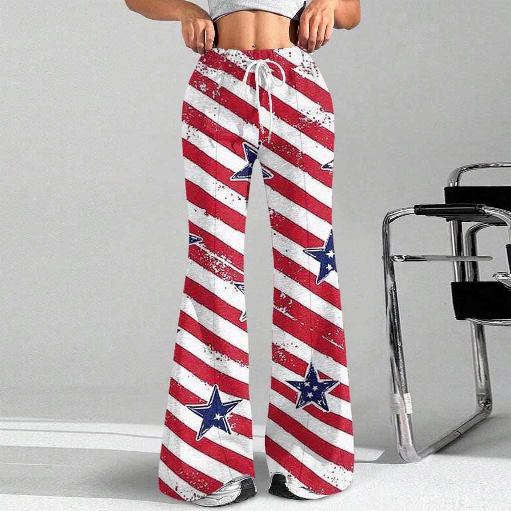 Women's Fashion Loose Drawstring Tight Waist Independence Day Printed Casual Sports Pants Casual Flared Pants