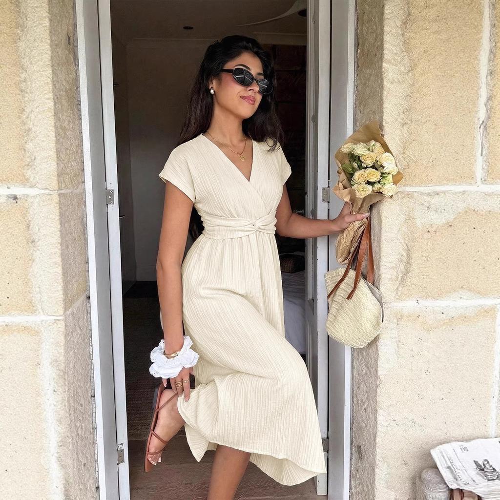 2026 European and American Women's Clothing, Summer New Solid Color V-neck High-waisted Dress Casual Daily Vacation Style