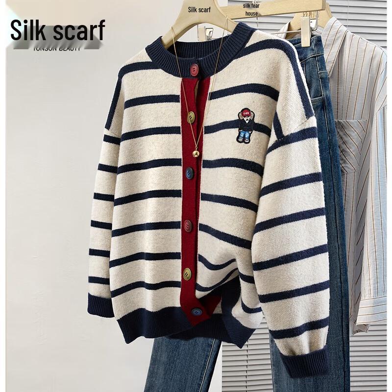 

Women s Striped Single-Breasted Knit Cardigan L