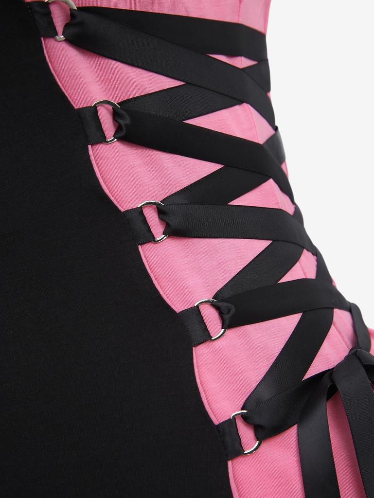 Rosegal Gotycki Top Tank z Koronkowym Sznurowaniem, Dziurami, Plecionką, Klamrą, Oczkami, Asymetrycznym Patchworkiem i Odkrytymi Plecami