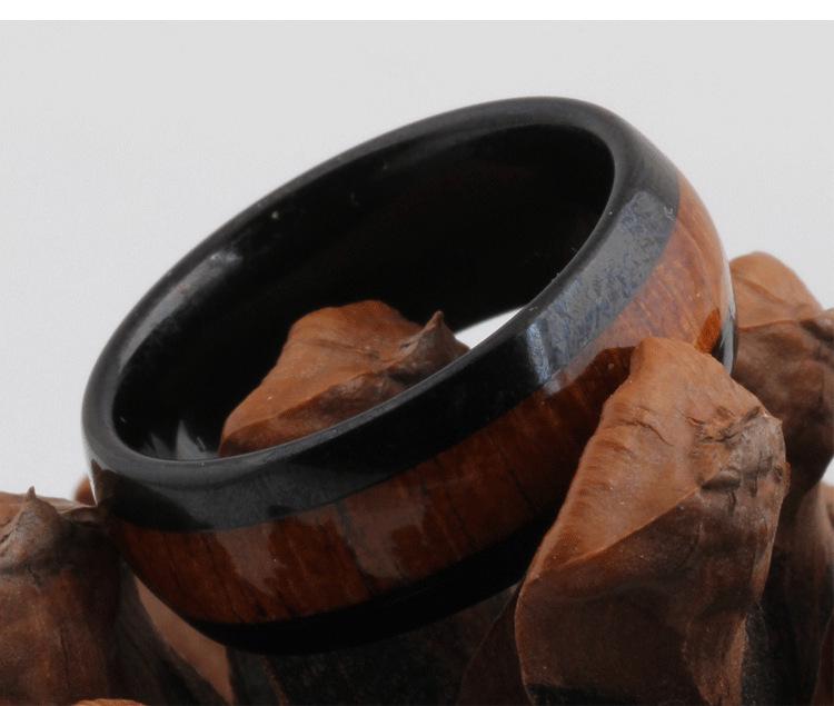 Elegant European & American 8MM Stainless Steel Pinky Ring with Black Wood Grain