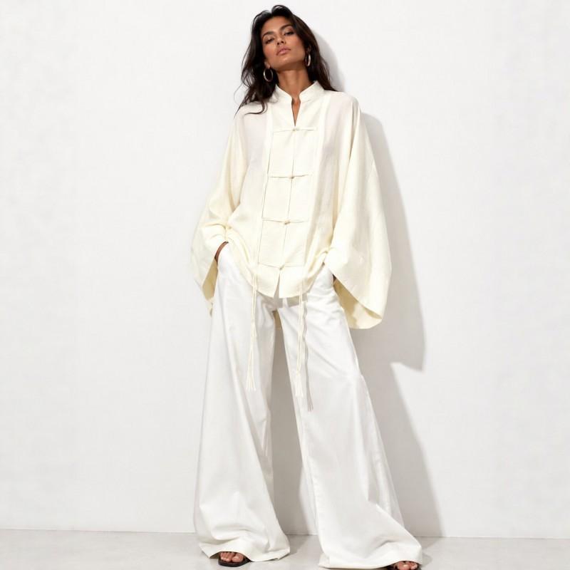 Womens Loose Linen-Style Long Sleeve Stand Collar Shirt Olive White Casual Boho Chic Top 2026