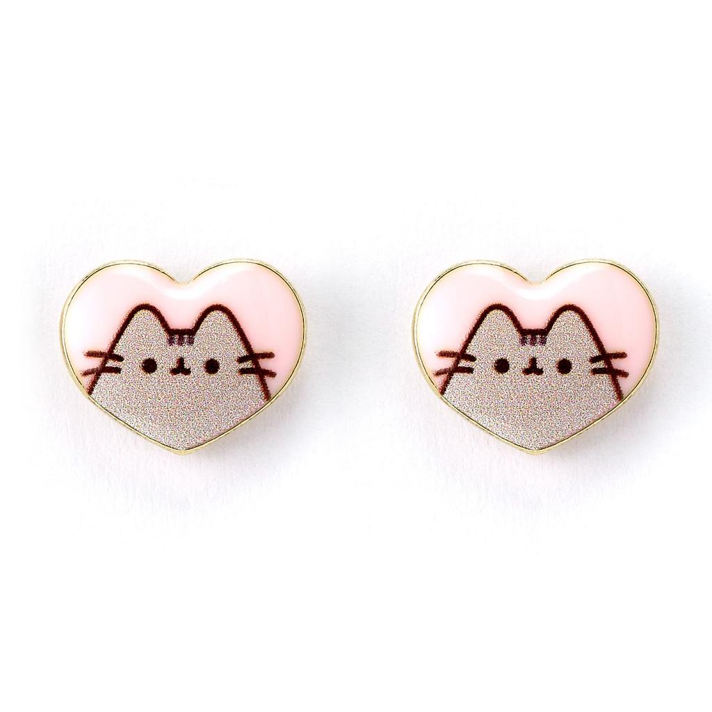 Pusheen the Cat Pink Enamel and Gold Heart Stud Earrings