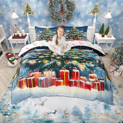 Homewish Christmas Tree Duvet Cover Set for Children, Xmas Gingerbread Bedding Set, Santa Claus Comforter Cover Set