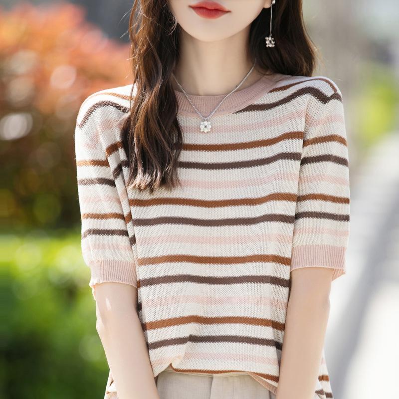 

Хлопковая футболка с круглым вырезом, свободная, простая и универсальная, с темпераментом, с короткими рукавами, новый стиль, литературная, в полоску, вязаный топ для женщин XXL розовый