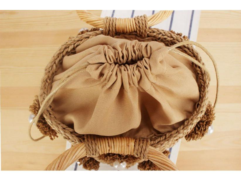 Handcrafted Fashion Bucket Bag: Pearl & Flower Woven Paper Rope Design