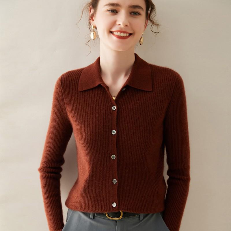 Women's Striped Polo Collar Cashmere Knit Cardigan Sweater for Autumn and Winter