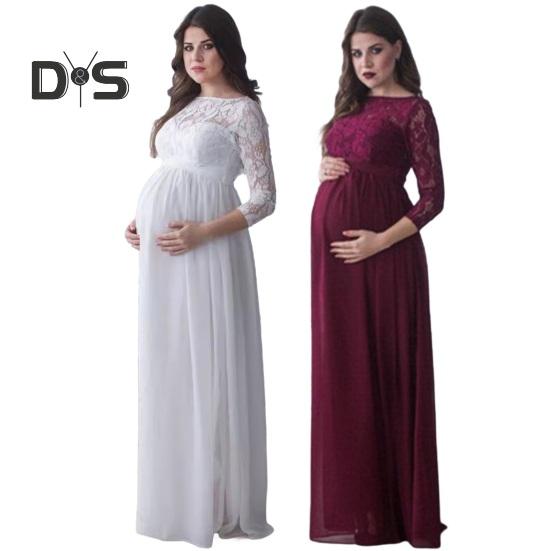 Těhotné ženy šaty s krajkou vyhloubená květinová výšivka s kulatým výstřihem, dlouhým rukávem, plisované maxi šaty na svatební párty rekvizita na focení