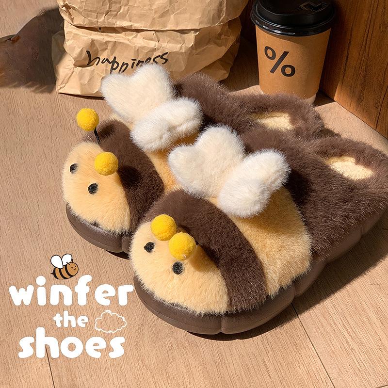 Mengmeng little bee fluffy slippers autumn 2025 new cute home fluffy shoes