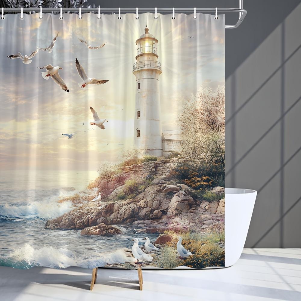 Nautical Lighthouse Shower Curtain - Seagulls, Pigeons, Flowers, Coastal Decor, Polyester, Hand Wash, Marine & Garden Style