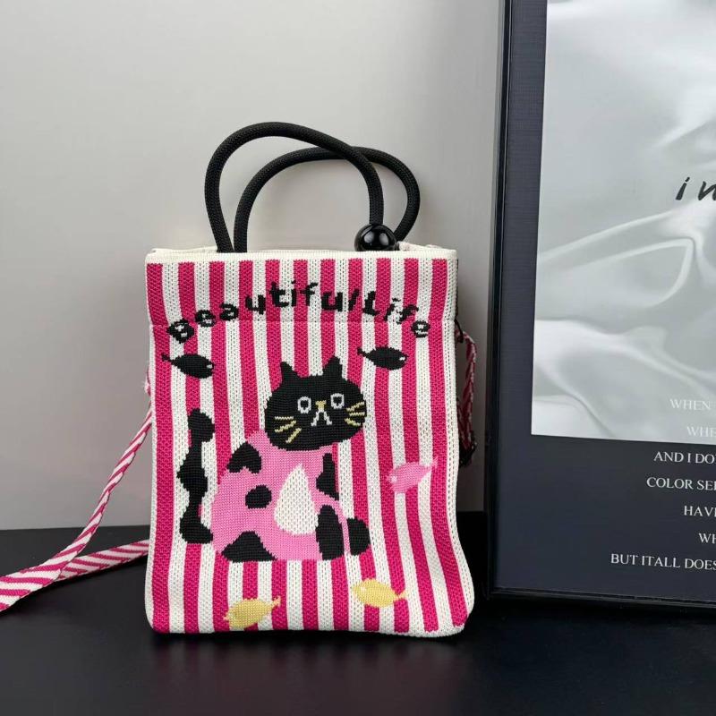 Small Square Bag Women's Handbag Niche Design New Cartoon Knitted Mobile Phone Bag Versatile Commuter Shoulder Messenger Bag