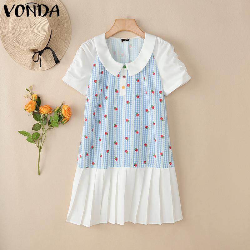 

VONDA Women Lapel Neck Short Sleeve Plaid Print Patchwork Ruffled Mini Dress S синій