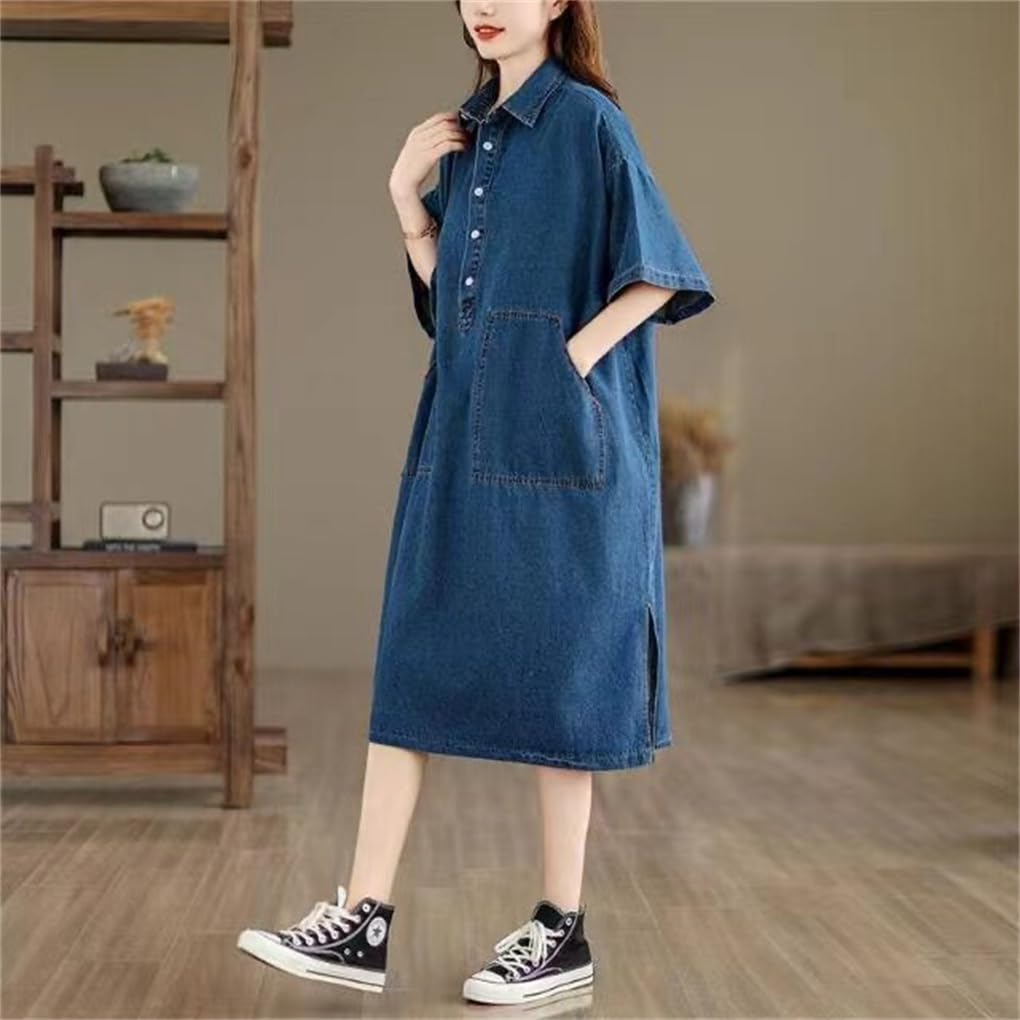 Denim Dress Dress Long Denim Shirt Summer Clothes Collar Short Sleeve Large Pockets Plus Sizes Slimming Stylish Casual Date Adult Elegant Cute Midi