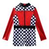 Dívčí závodní auto Kostým závodnice Šachovnicový potisk s dlouhým rukávem Barevný blok Patchwork Záda Zip Krátká kombinéza Cosplay Kostým