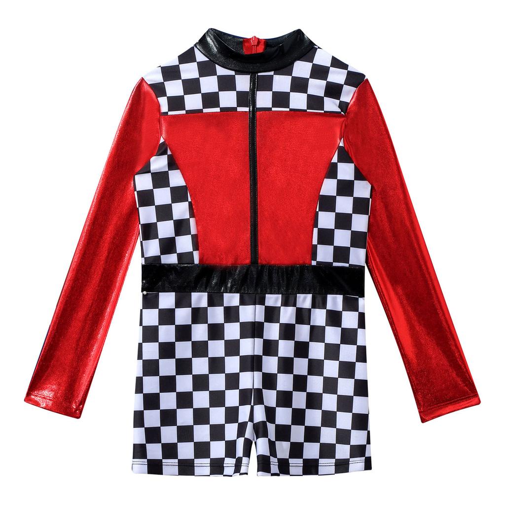 Dívčí závodní auto Kostým závodnice Šachovnicový potisk s dlouhým rukávem Barevný blok Patchwork Záda Zip Krátká kombinéza Cosplay Kostým