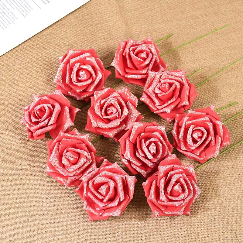 10/20 Stück Glitzer Künstliche Rosenblumen mit Stiel Blätter DIY Hochzeitssträuße Geburtstagsfeier Heimdekorationen DIY Bastelkranz
