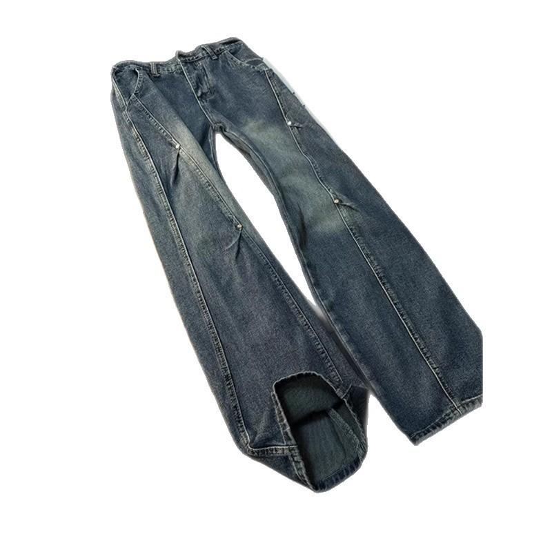 Mens American Deconstructed Rivet Work Jeans Slim Straight Fit Casual Denim Pants