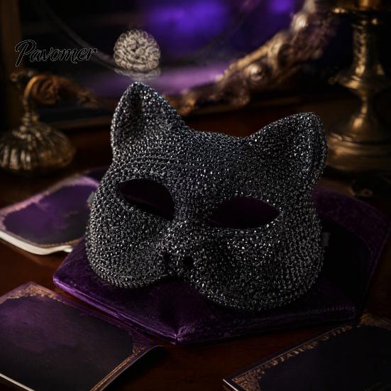 Luxury Rhinestone Costume Mask Full Halloween Mask, Sparkling Skull And Cat Face Carnival Adjustable Elastic Straps for Theme Dances Decorative Party