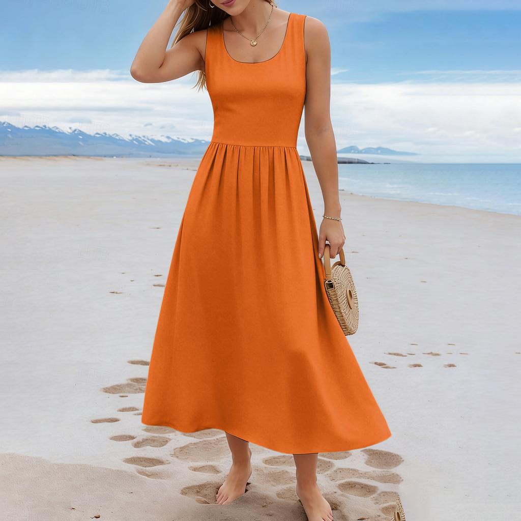 Ärmelloses Langes Freizeitkleid für Damen Sommer Einfarbig Einfach Entspannte Passform Maxikleid für den Alltag Urlaub Büro