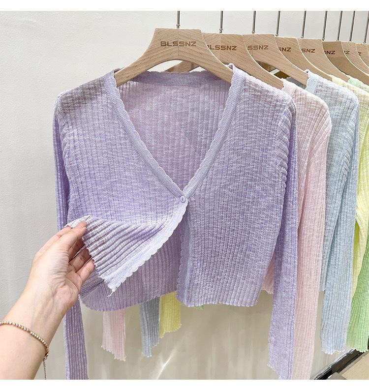 Svart Kofta med Lång Ärm i Is-Silke: Lättstickad sommartopp, Luftkonditioneringsskjorta, Solskyddssjal för kvinnor.