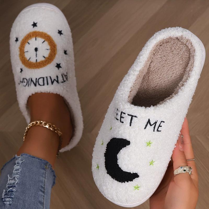 Modne kapcie z futra ze wzorem zegara księżycowego, damskie, modne, z imitacji wełny jagnięcej, bawełniane kapcie domowe, damskie, zimowe, ciepłe, antypoślizgowe, pluszowe klapki, dla pań
