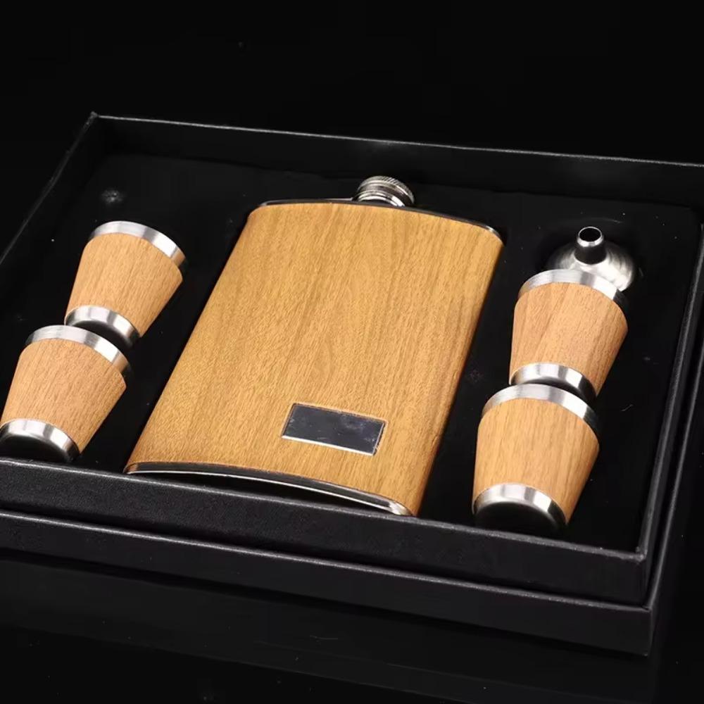 with Wine Cup and Funnel Wine Flagon Stainless Steel Wine Bottle Wood Grain Hip Flask Set  Outdoor